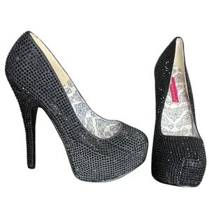 Bordello Black Teeze-06R Rhinestone Platform Pumps Burlesque Women's Size 7